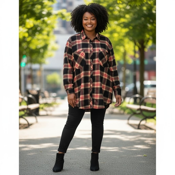 Maurices Tops - Maurices Black and Red Plaid Button-Down Shirt